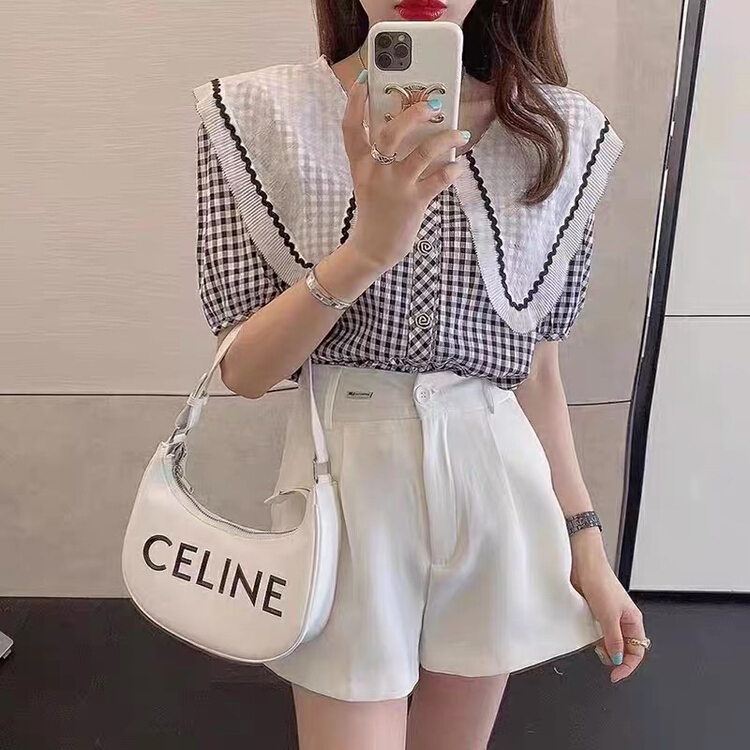[Wo +] Korean style large lapel Plaid bubble sleeve shirt 22539# zxx