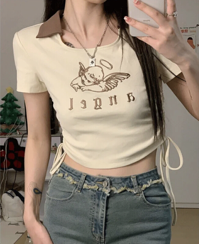 [fan fan] fashion Han fan'er color matching Angel Baby embroidery drawstring short sleeve T-shirt 5822# JJ