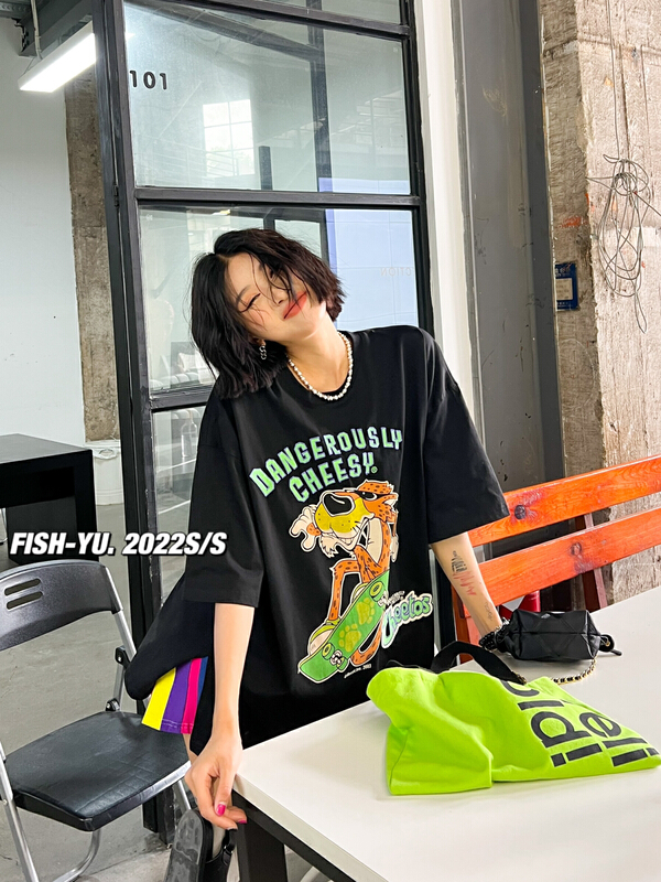 New in early summer! [fish Yu] cartoon skateboard leopard watermark embroidered letter short sleeve T-shirt 22125# LSL