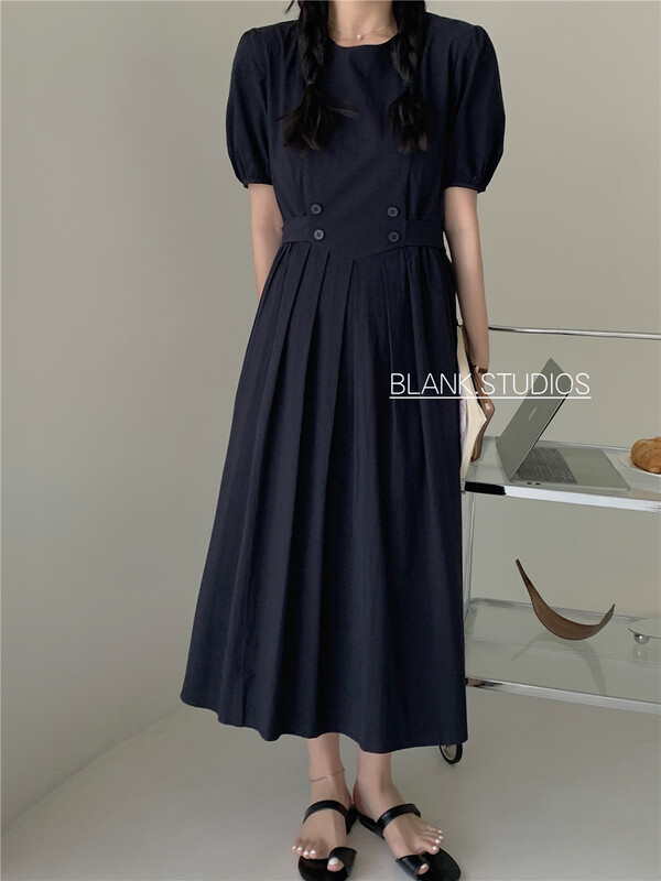 New in early summer! [blank] lady round neck bubble sleeve lace up waist dress 512337# WPL