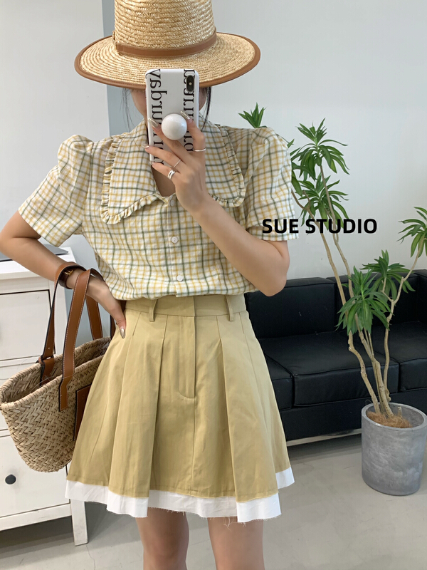 New in early summer! [Sue studio] color blocking, rough edge and pleated skirt and pants 22270# zjy