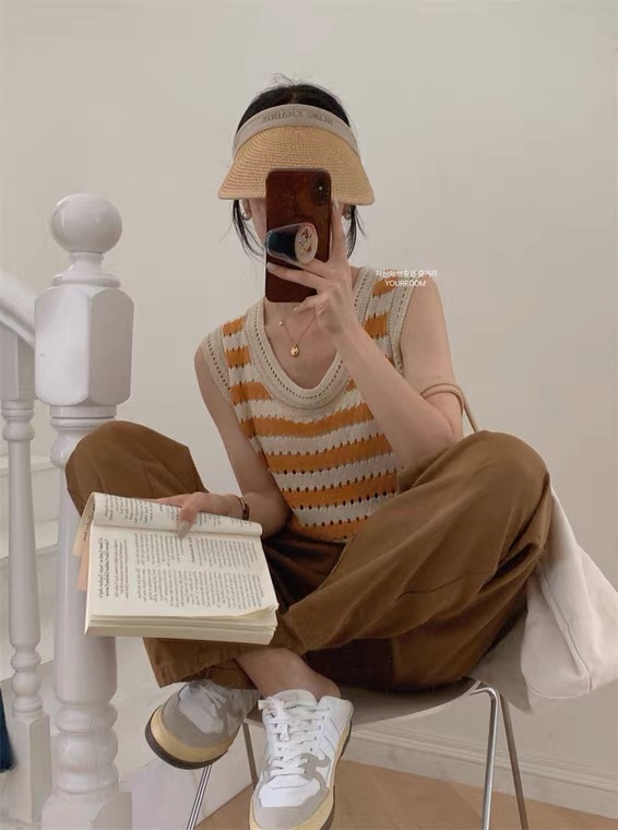 [jeans] crew neck sleeveless striped vest / suspender e177# LSW
