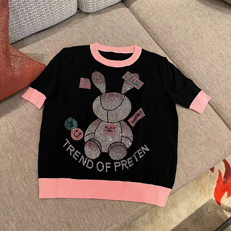 New year in early spring! [pan] Korean cute rabbit hot drill round neck creative short sleeve sweater 00255# PCZ