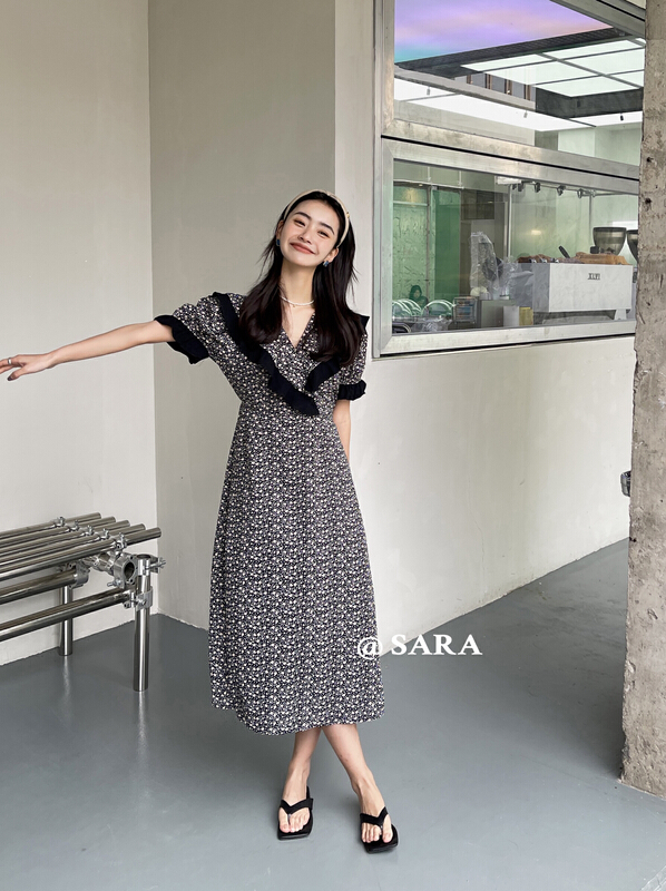 goods in stock! New year in early spring! [Sara] Vintage Floral large lapel bandage dress 16911# lwy