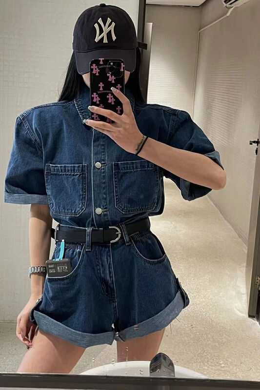 [show] short sleeved loose and versatile shirt + Denim Shorts Set (without vest and belt) 26184# ozq