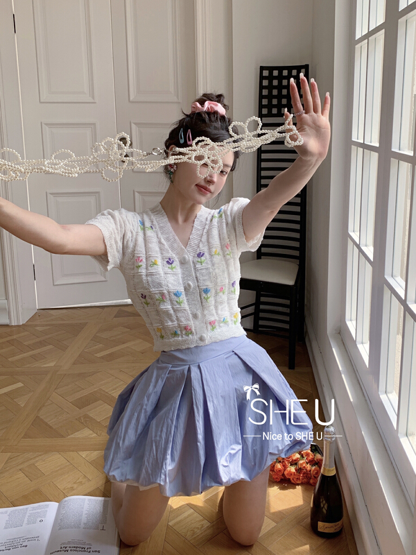 [she u] girl romantic Crochet V-Neck Sweater c50200# cqw