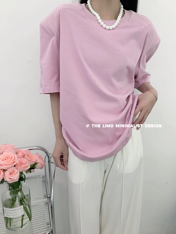 New in early summer! [the limo] simple solid color shoulder pad short sleeve T-shirt 6685# XYJ