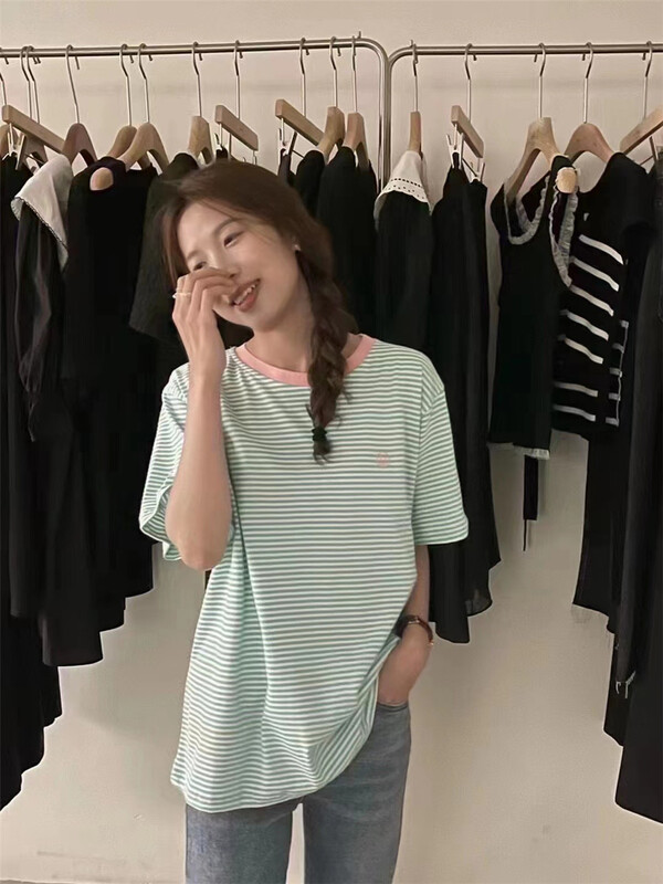 [free studio] Korean stripe round neck short sleeve T-shirt 2208# hjy