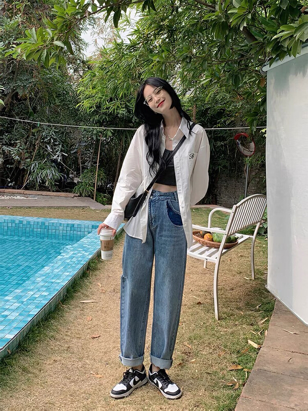 New in early summer! [M +] Korean fashion, foreign style, irregular design radish jeans m9163# CLS