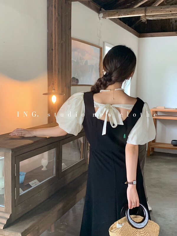 [ing] French retro square neck bubble sleeve fake two piece temperament dress 7782# HBx