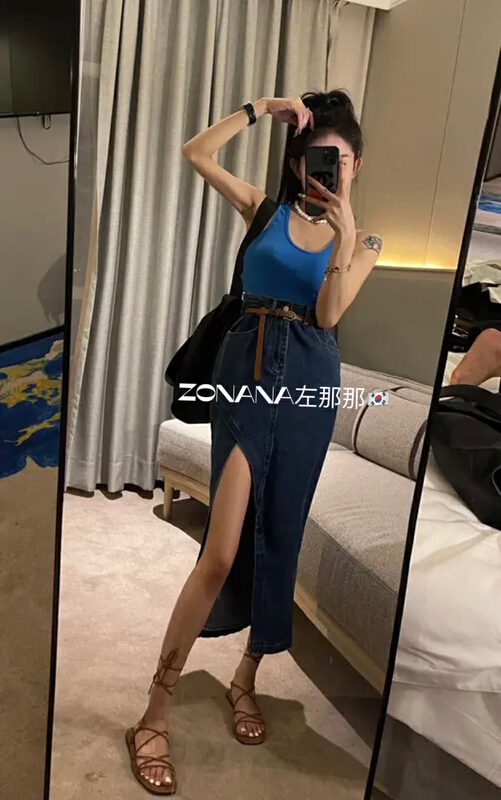 [zonana Zuo Na Na] irregular slit thin denim skirt (with belt) 579# zxx