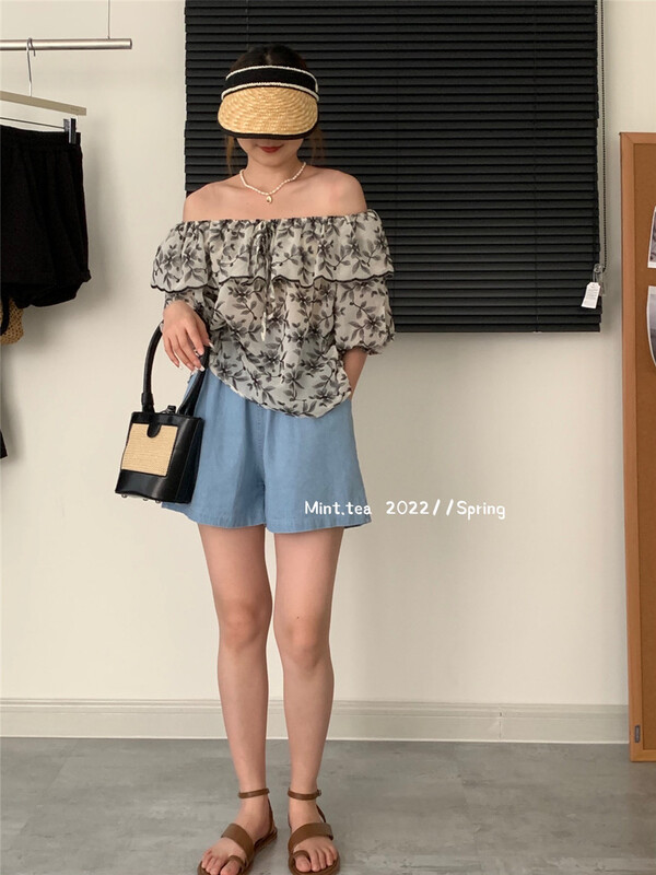 [mint tea] one line shoulder lotus leaf edge temperament sweater 22680# zjy