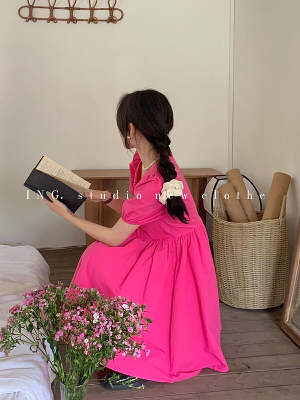 Original price 62.04! New in early summer! [ing] French temperament high waist thin V-neck bubble sleeve dress 6966# HBx