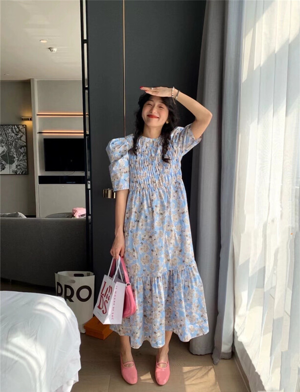 [D +] Korean style bubble sleeve floral dress ys1-5001# lwy