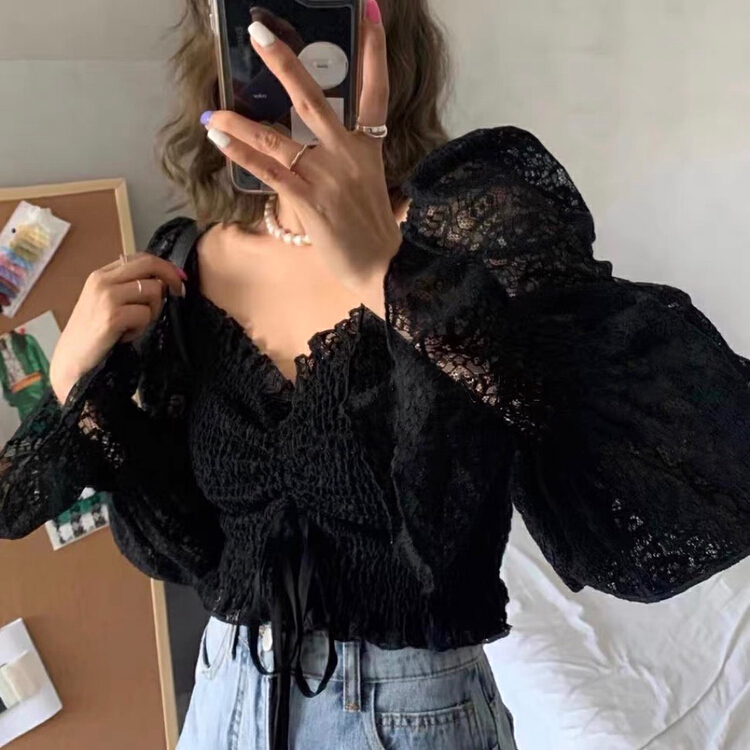 [Nancy] Korean style square neck fungus edge pleated blouse 88810# WPL