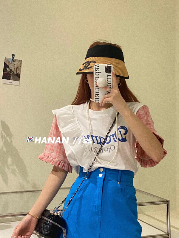 [Hanan] Korean versatile loose stitching contrast letters short sleeved T-shirt (T-shirt only) 6186# LSL