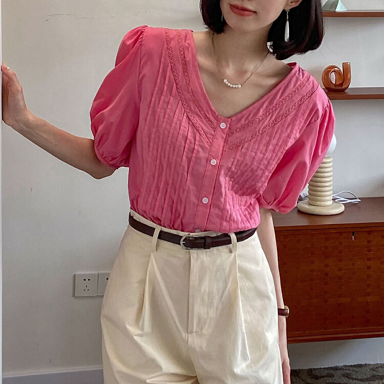 Buyer selection [st] Korean V-neck single breasted shirt 5199# XJ