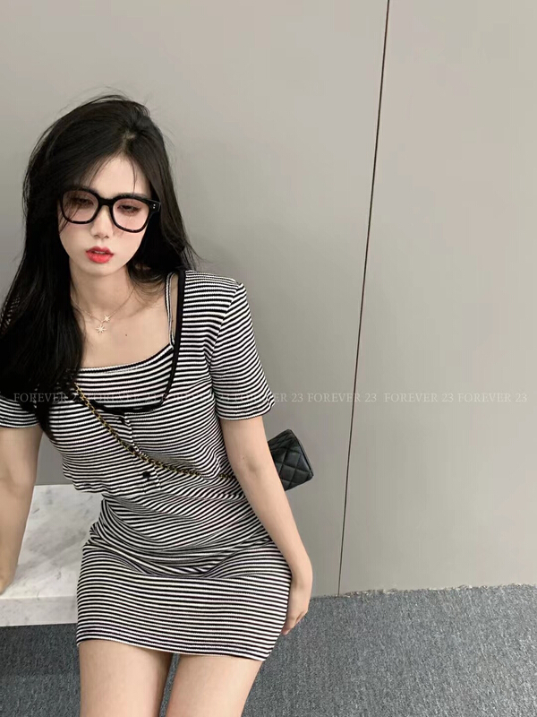 [forever23] personalized stripe short cardigan + slim suspender skirt two piece suit 735# hjy