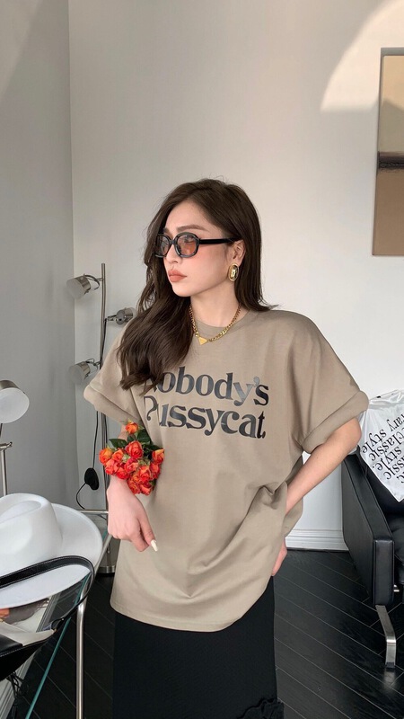 [42] ins lettered print curled sleeves loose short sleeve T-shirt b710# WTT