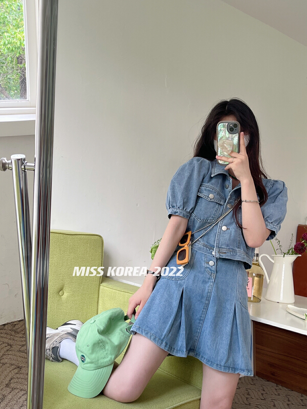 [Miss Korea] Hong Kong Style classic denim jacket + high waist skirt set 6579# HBx