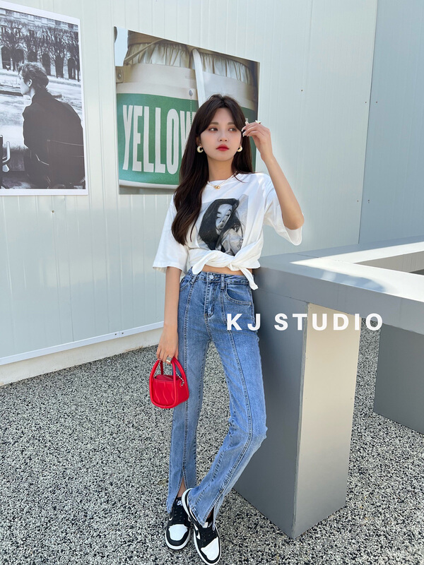 New year in early spring! [kJ] high waist slim split elastic small leg jeans 2560# zxl