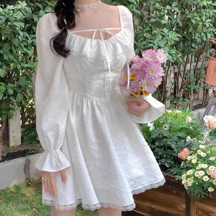New year in early spring! [LML] square neck flare sleeve sweet lace dress l7332# ozq