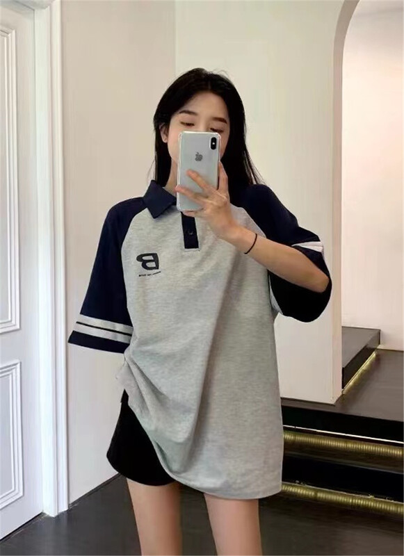 [C.Y] personalized letter color blocking Raglan medium length polo shirt 3359# XJ