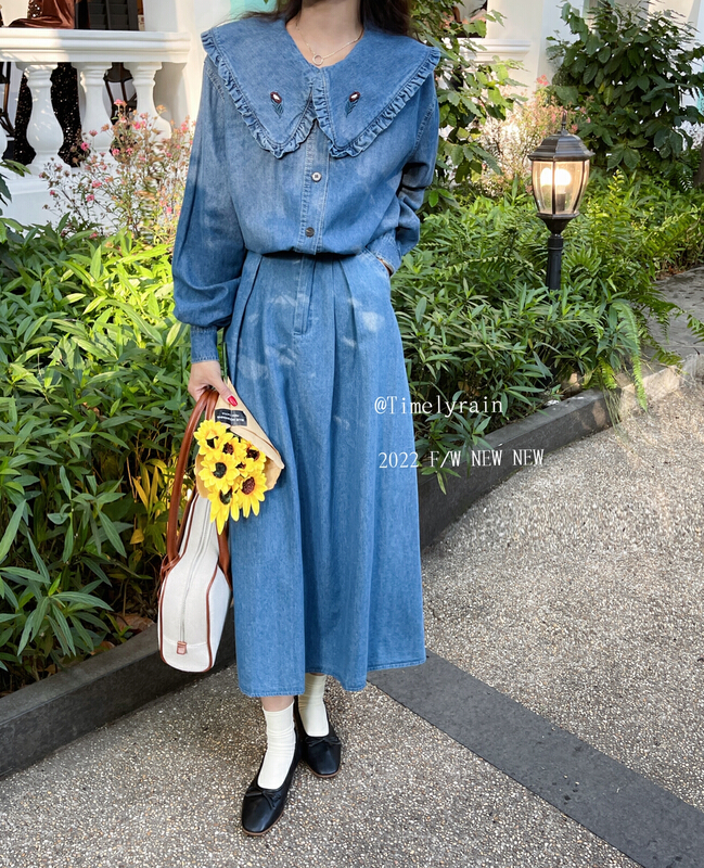New year in early spring! [timely rain] Han Feng ins high waist, versatile, thin A-shaped back elastic waist denim skirt 02080# jhy