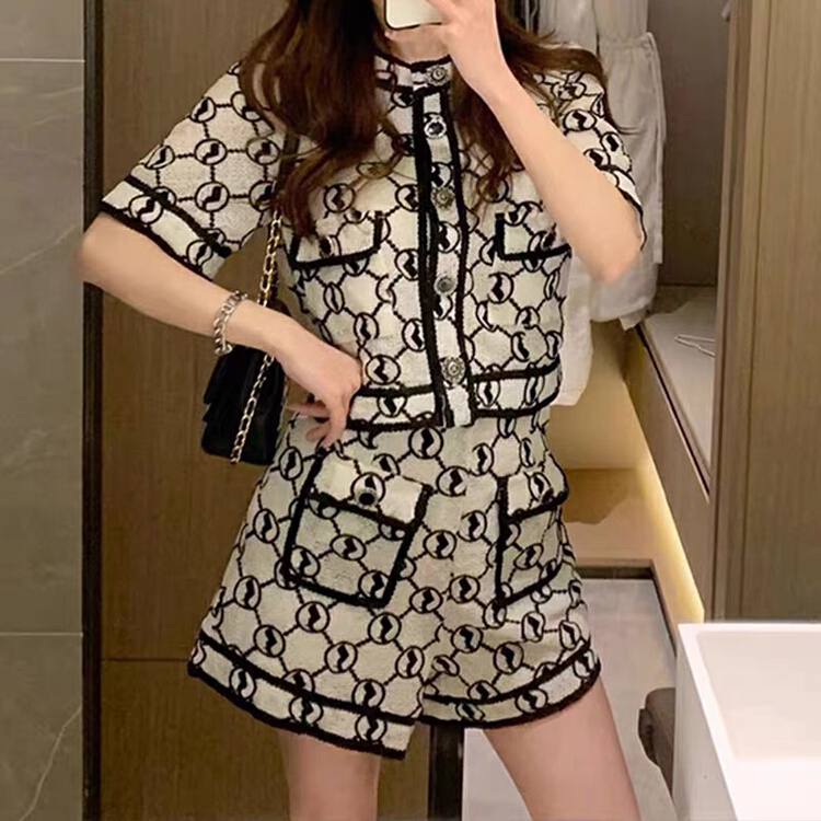 [jun.t] high sense leisure short small fragrance round neck jacket + Korean color blocking versatile high waist casual Shorts Set 5939# PCZ