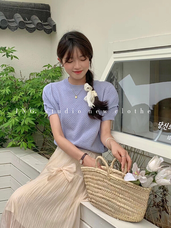New in early summer! [ing] sweet aging French double layer bubble sleeve T-shirt w3230# ZSY