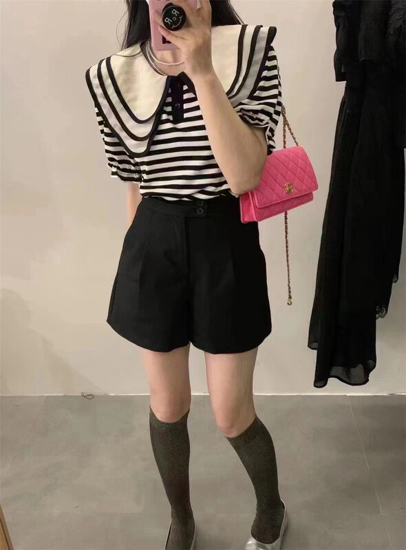 [Naikan Nik] fashion stripe doll neck short sleeve T-shirt 9661# lwy