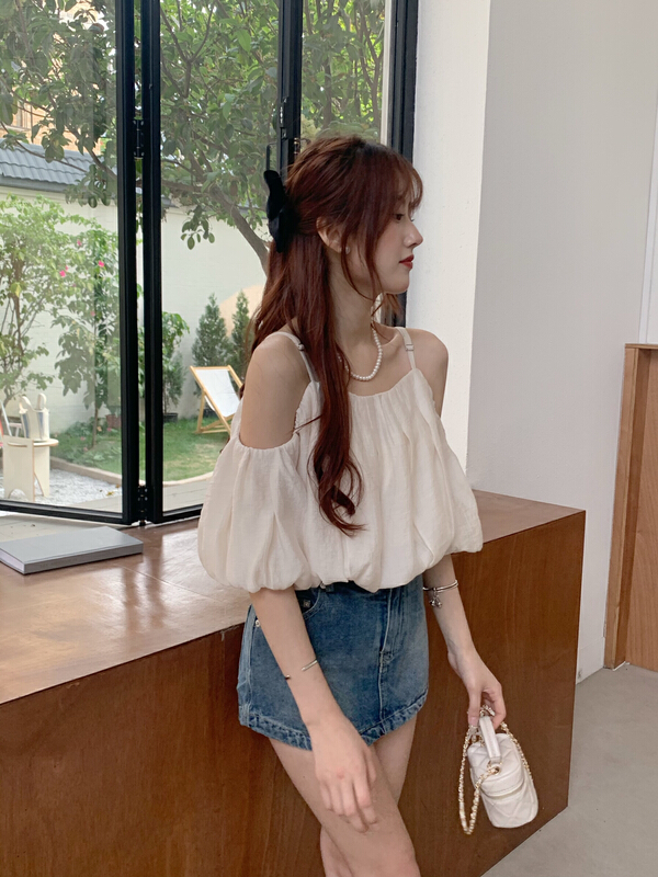 [as] sweet design bubble sleeve off shoulder blouse 2209# hjy