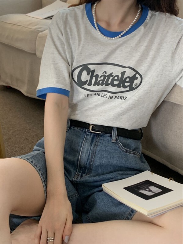 [new post] Korean letter color contrast edge round neck short sleeve T-shirt np7812-a1\cqw