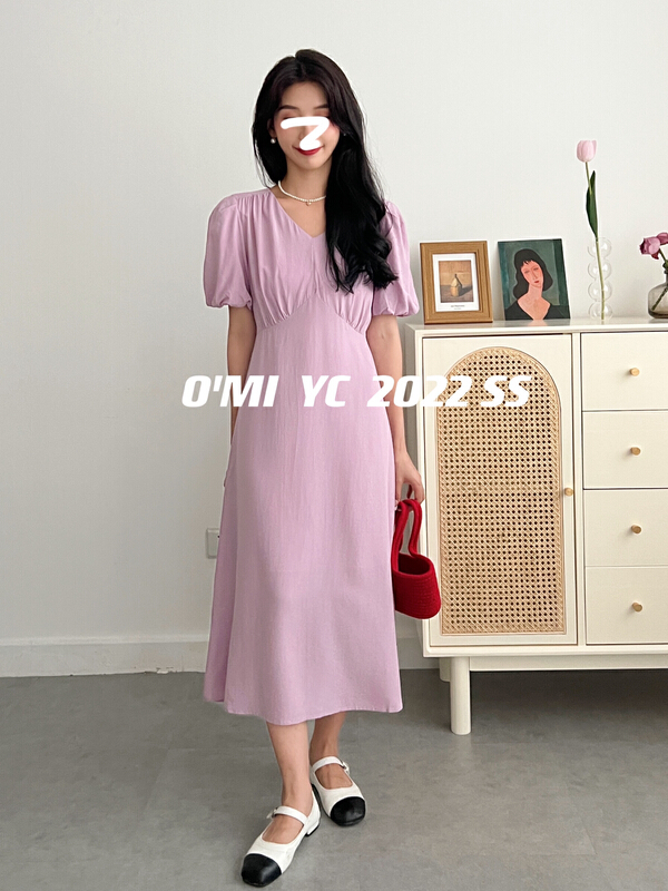 [O MI] advanced V-neck bubble sleeve dress 7617# HBx