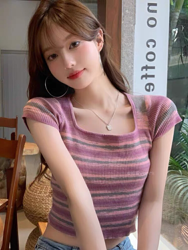 New in early summer! [huole] spicy sexy square neck stripe short sleeve T-shirt 9200# WTT