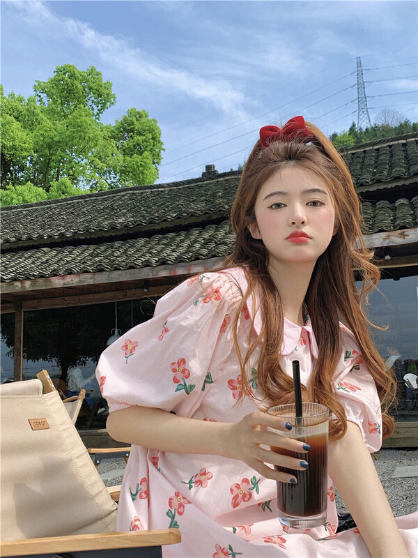[LML] Korean style ins sweet aging cute printed doll neck bubble sleeve loose dress 9860# ozq
