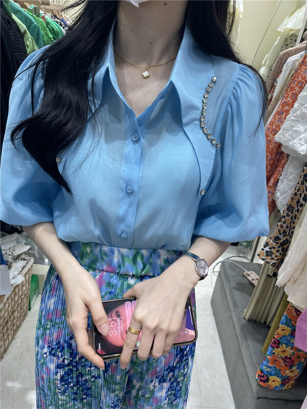 goods in stock! New year in early spring! [macaroon] temperament fashion bubble short sleeve shirt 7737# PCZ