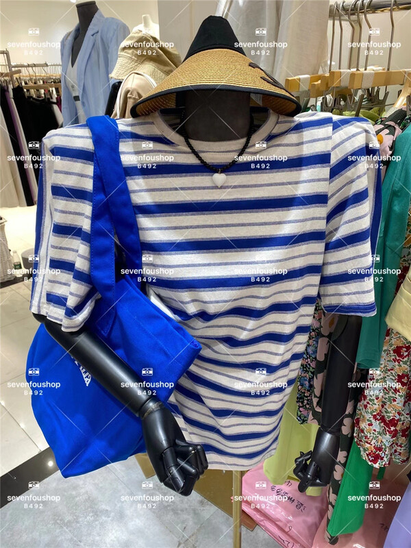 [sevenforershop] crew neck stripe loose short sleeve T-shirt (T-shirt only) 67986# ozq