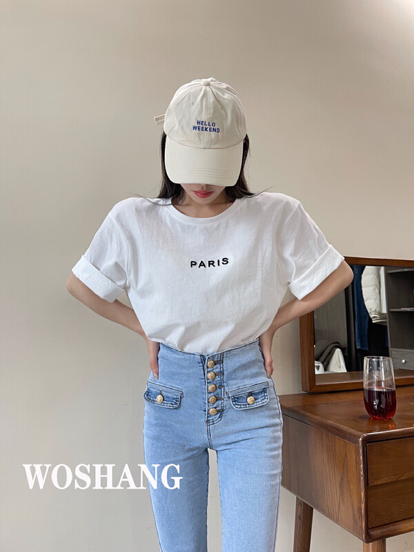 New year in early spring! [woshang woshang] design sense casual and versatile loose letter short sleeve T-shirt 1075# XYJ