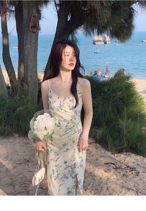 [L.L studio] printed suspender slit waist closing dress 7604# PCZ