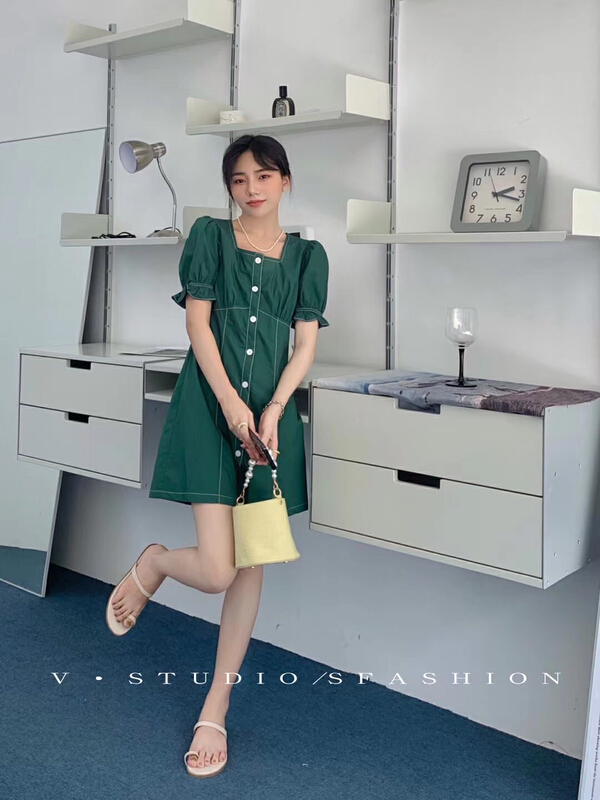 [from. V] Korean style square neck bubble sleeve button dress 7855# ll