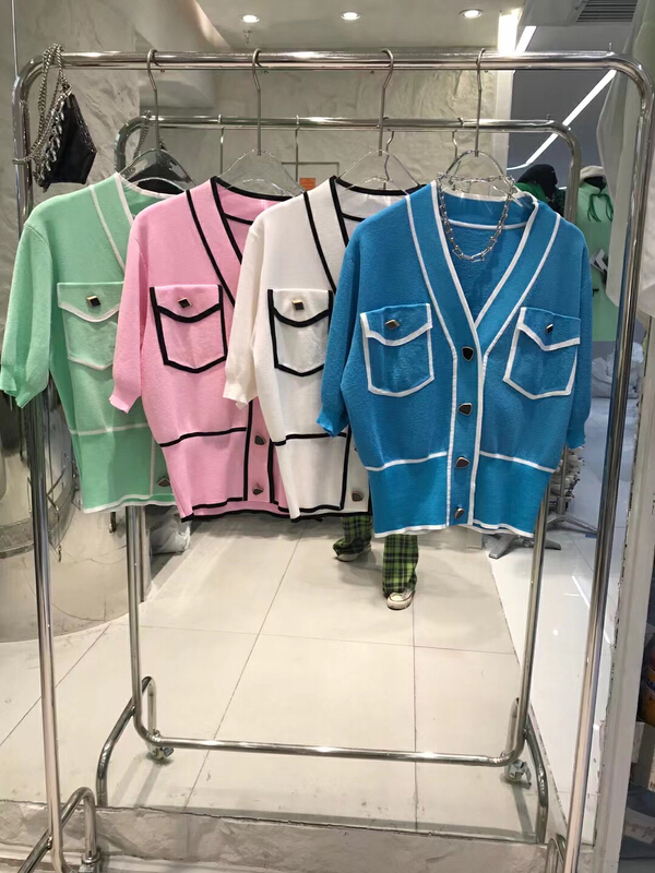 goods in stock! [o.shazidian] V-neck single breasted color contrast sweater 6011# CSX