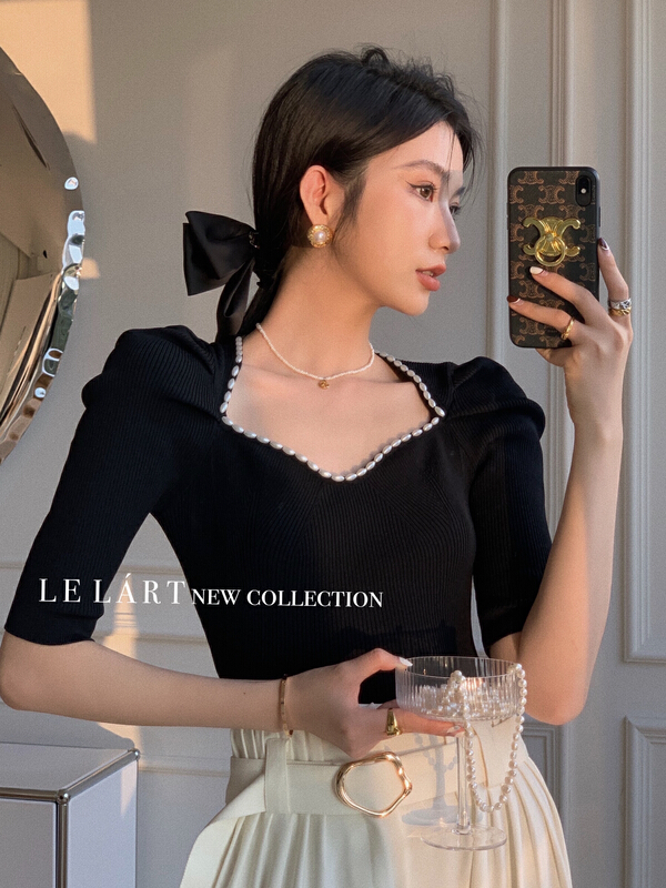 [le lart] original high fashion French Hepburn pearl decorative sweater ath026# jhy