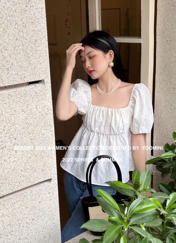 [yoomini] Korean style square neck bubble sleeve jacquard shirt x12793# WPL