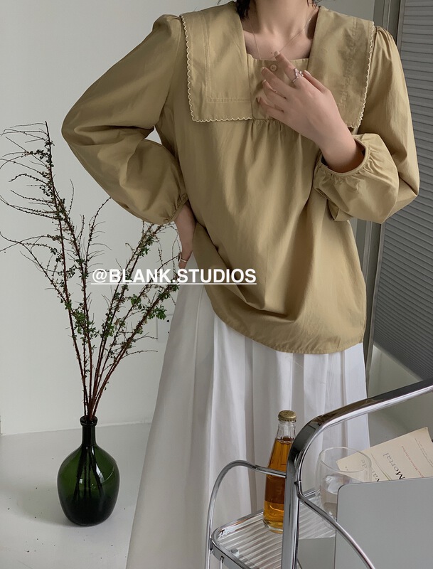 [blank] square neck bubble sleeve age reducing literary style shirt 522013# jhy