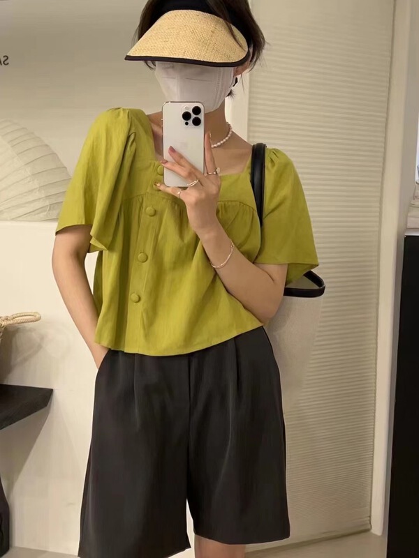 [m.zi studio] short shirt with square neck and side buckle 5693# HBx