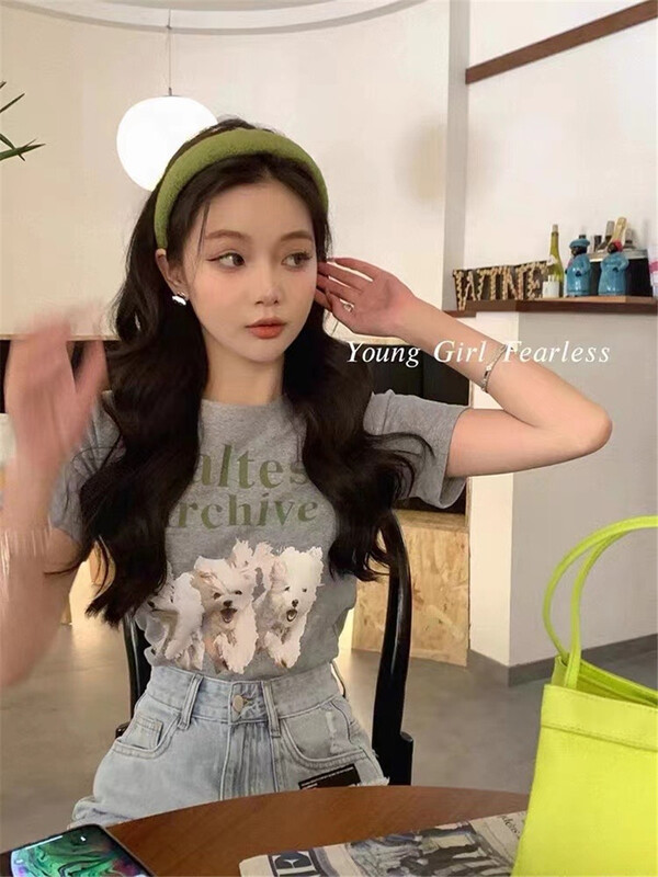 [MS studio] girl heart puppy printed short sleeve T-shirt 1375\pcz