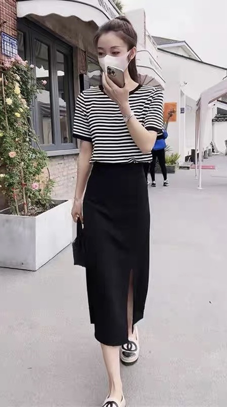 [JH] STRIPED FASHION short sleeve T-shirt + slim skirt suit 41737# PCZ