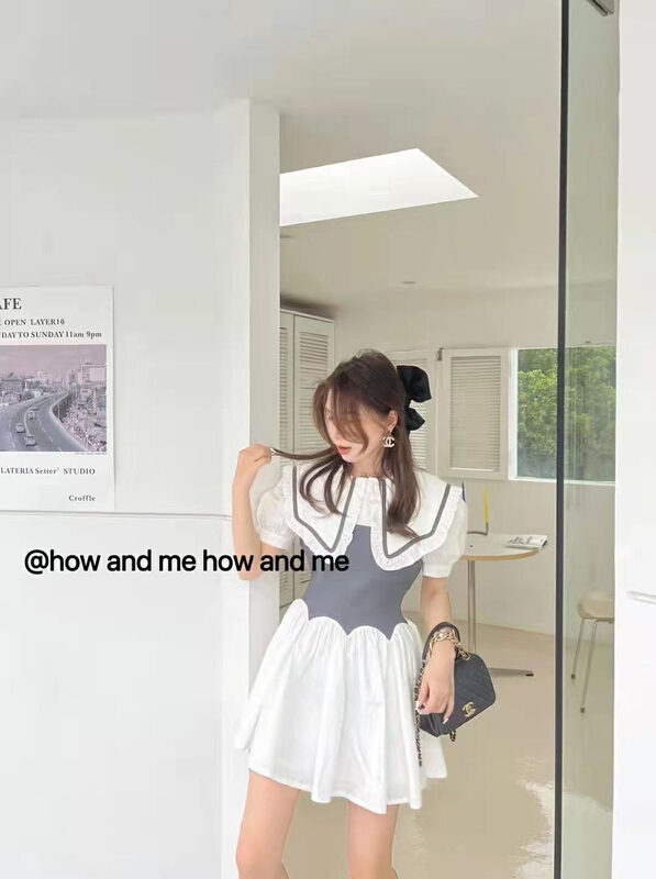 [fan fan] fashion Han fan'er color blocking large lapel bubble sleeve dress 5720# JJ