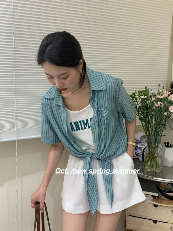 [OCT] versatile letter round neck vest + Korean striped knotted shirt set 8189# hjy